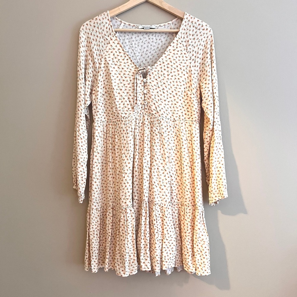 American Eagle Floral Tiered Mini Dress Oversized Cream Orange Long Sleeve XS